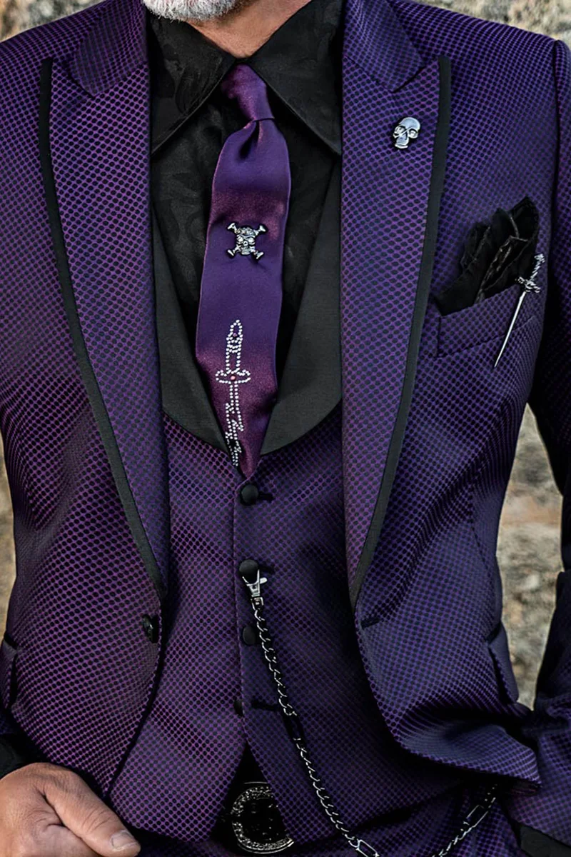 Abito cerimonia uomo moda viola microdisegno con inserti neri 2