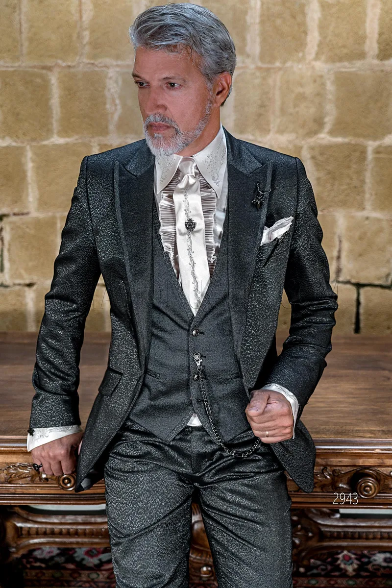 Abito moda cerimonia uomo 3 pezzi nero laminato stile gotico 1