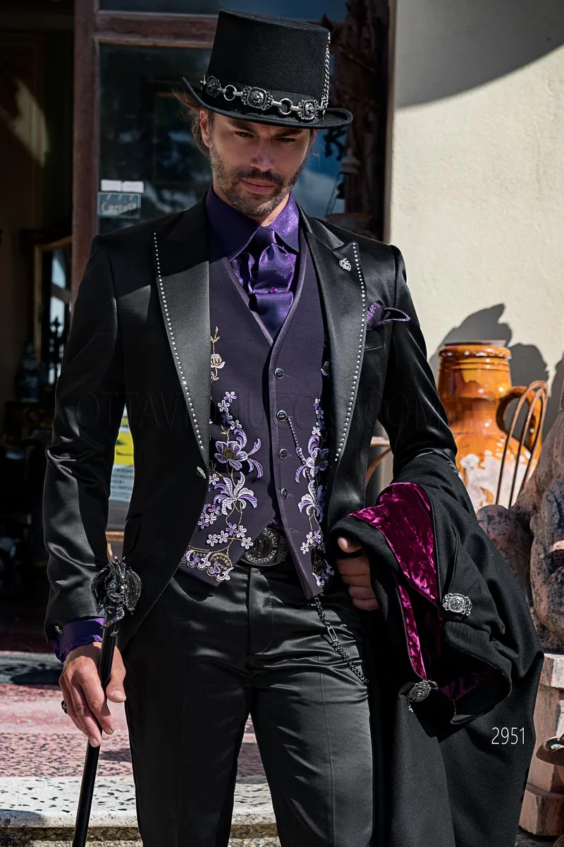 Abito uomo in raso nero con strass cristal in stile steampunk vintage – pa