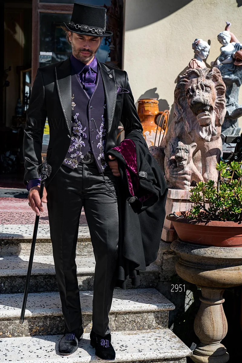 Abito uomo in raso nero con strass cristal in stile steampunk vintage – fi