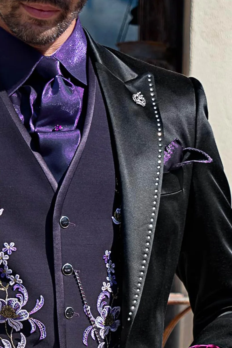 Abito uomo in raso nero con strass cristal in stile steampunk vintage 3