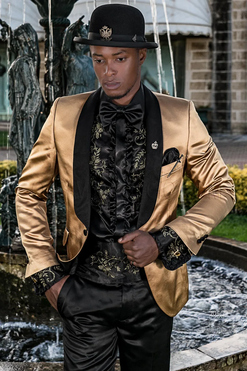 Smoking stile particolare moda in raso oro e pantalone nero – pa