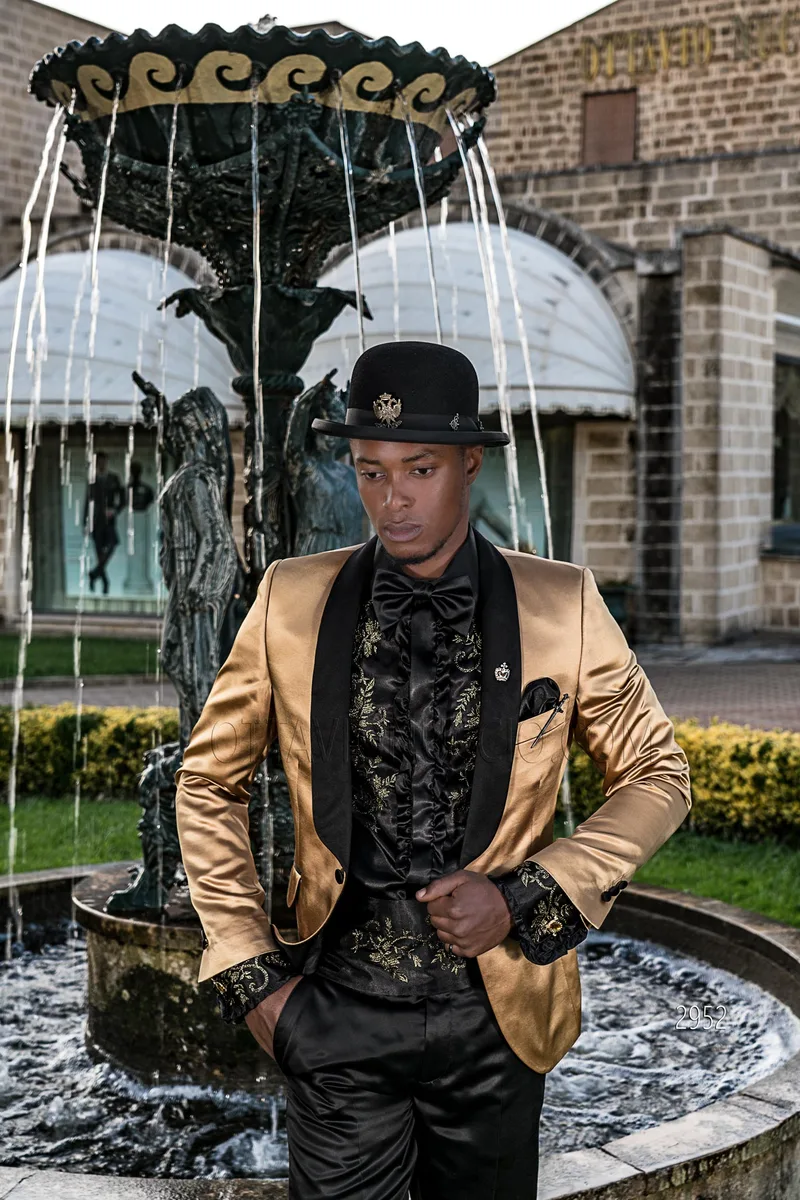 Smoking stile particolare moda in raso oro e pantalone nero – fi