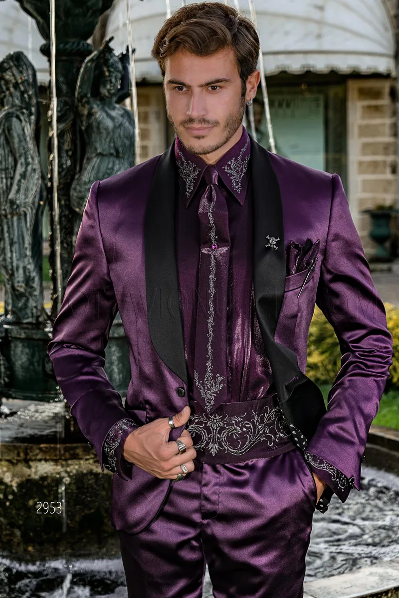 Smoking stile particolare moda in raso viola e pantalone nero – pa