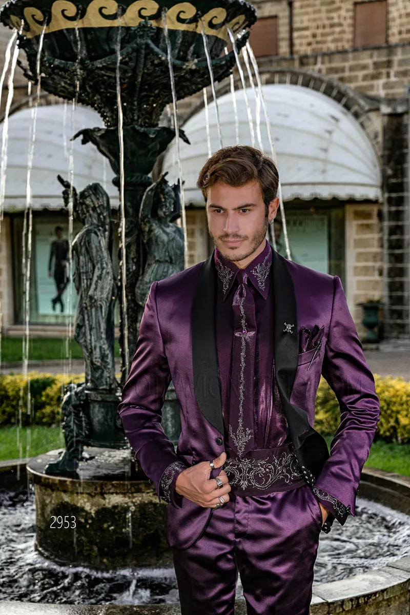 Smoking stile particolare moda in raso viola e pantalone nero – pa