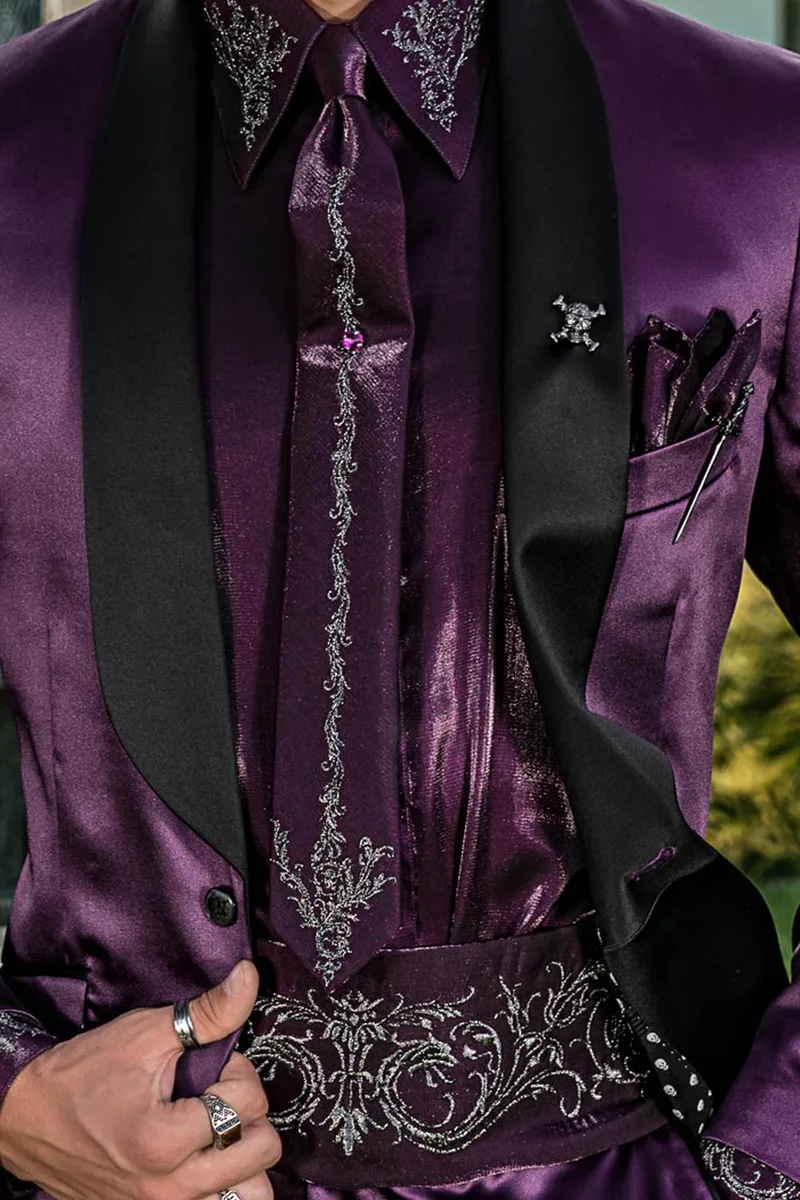 Smoking stile particolare moda in raso viola e pantalone nero 3