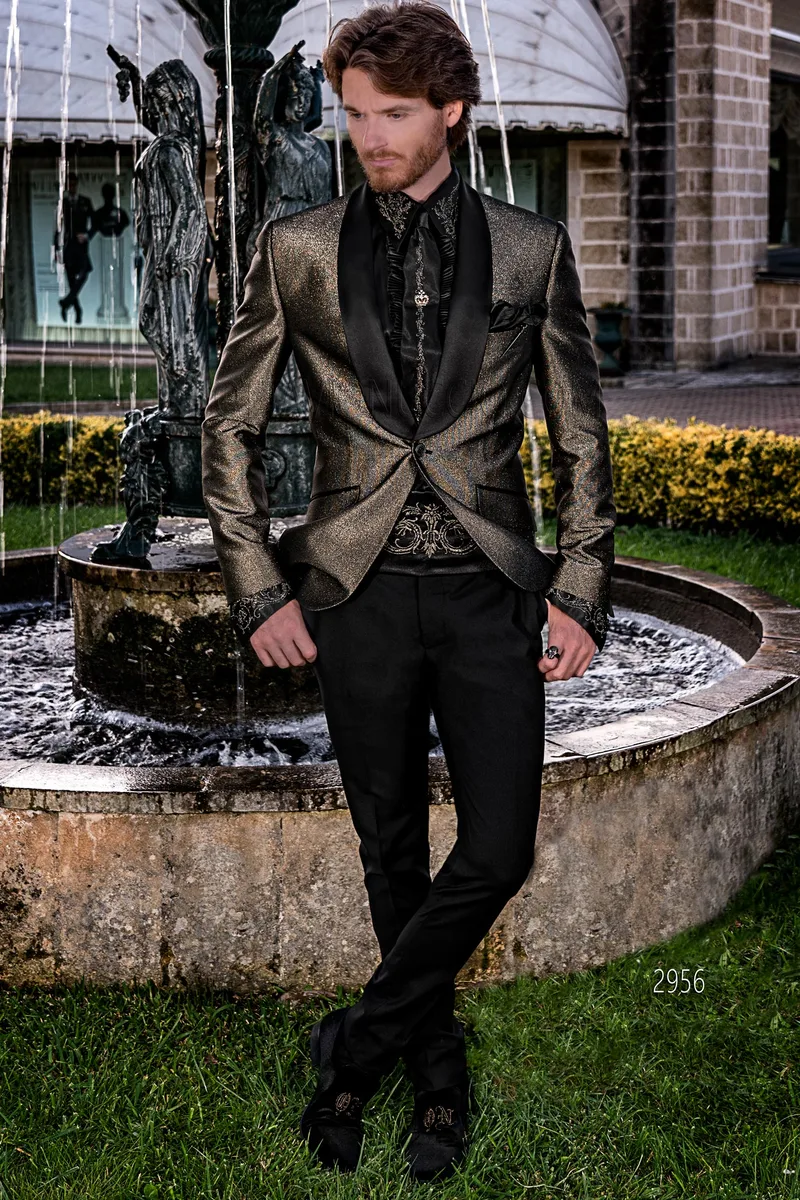 Smoking uomo sciallato moda da cerimonia in tessuto oro laminato – fi