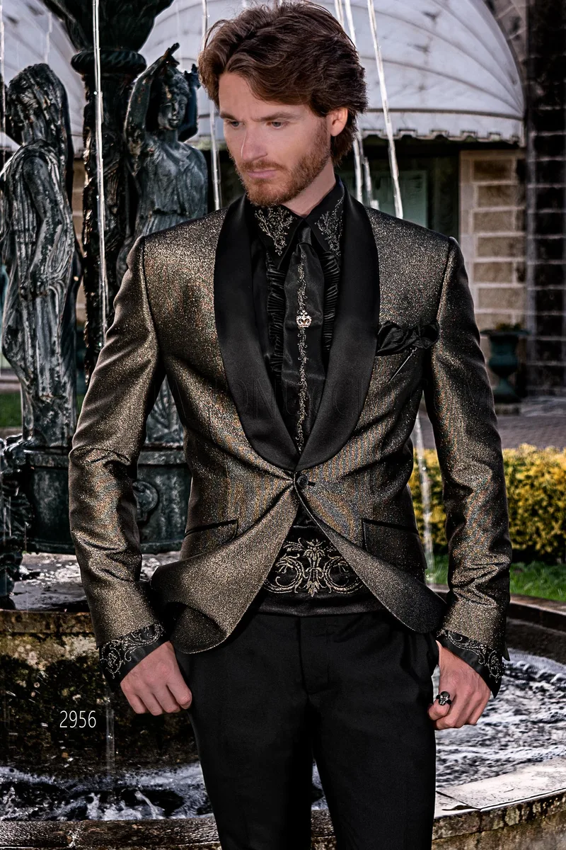 Smoking uomo sciallato moda da cerimonia in tessuto oro laminato – pa