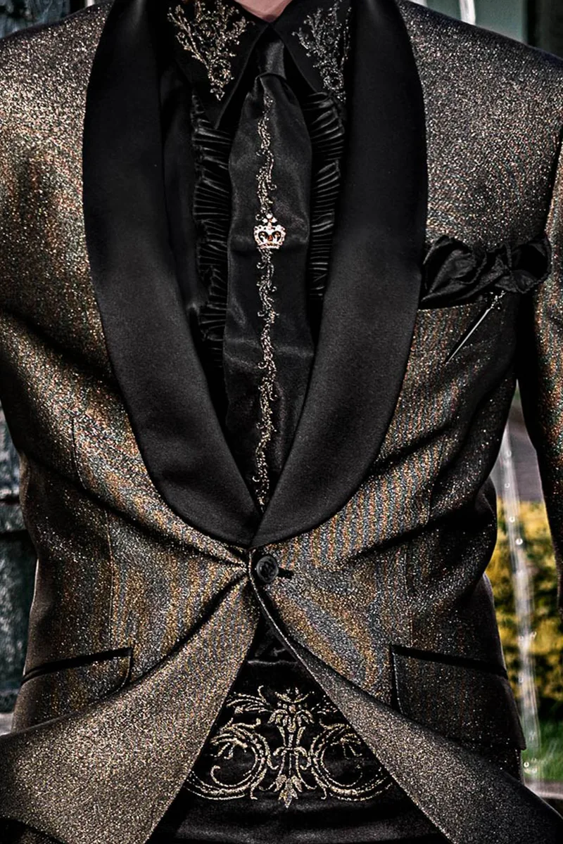 Smoking uomo sciallato moda da cerimonia in tessuto oro laminato 4