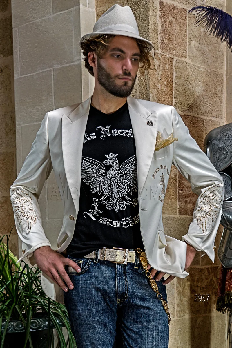 Giacca cerimonia moda in raso avorio con ricamo oro a forma di aquila – pa