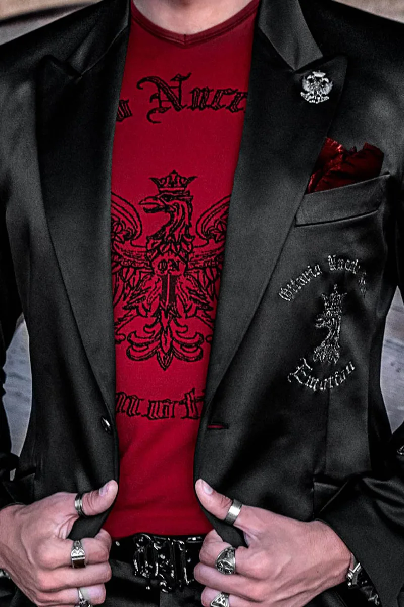Blazer abito moda gotico in raso nero con ricamo argento a forma di aquila 2