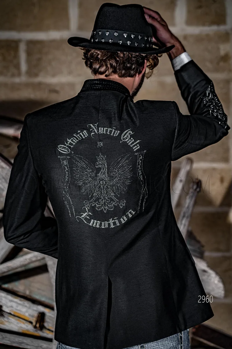 Giacca blazer moda gotica shantung nero con ricamo aquila argento 2