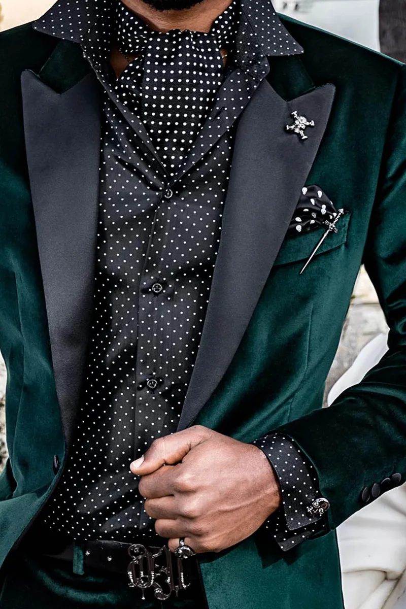 Blazer uomo in velluto verde con rever raso nero stile steampunk moderno 2
