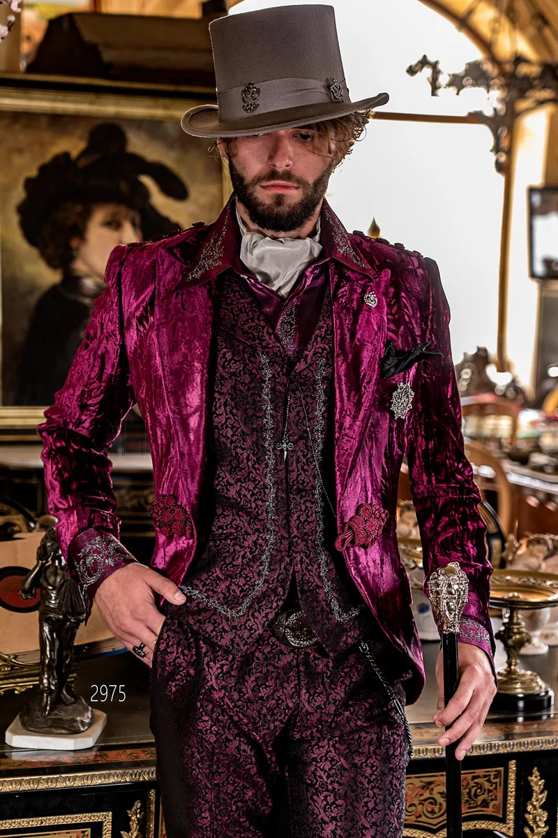 Abito uomo steampunk viola | Giacca velluto stropicciato e pantalone damascato 1