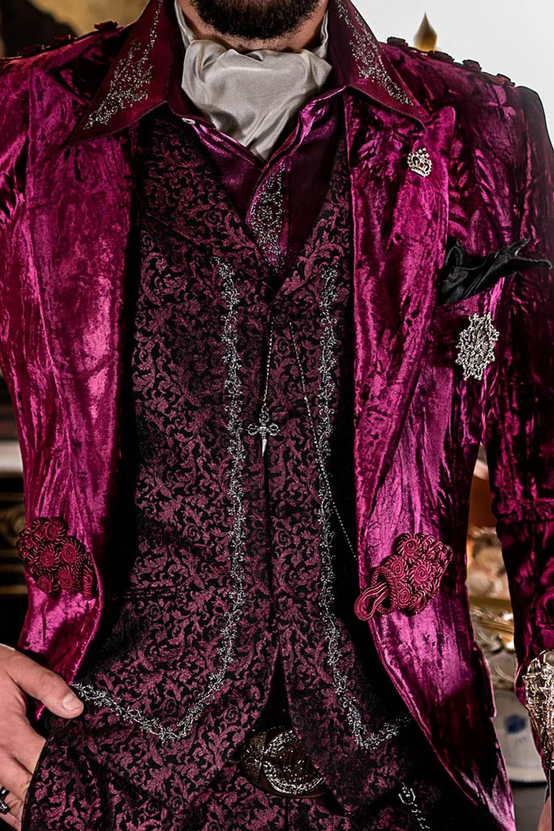 Abito uomo steampunk viola | Giacca velluto stropicciato e pantalone damascato 2
