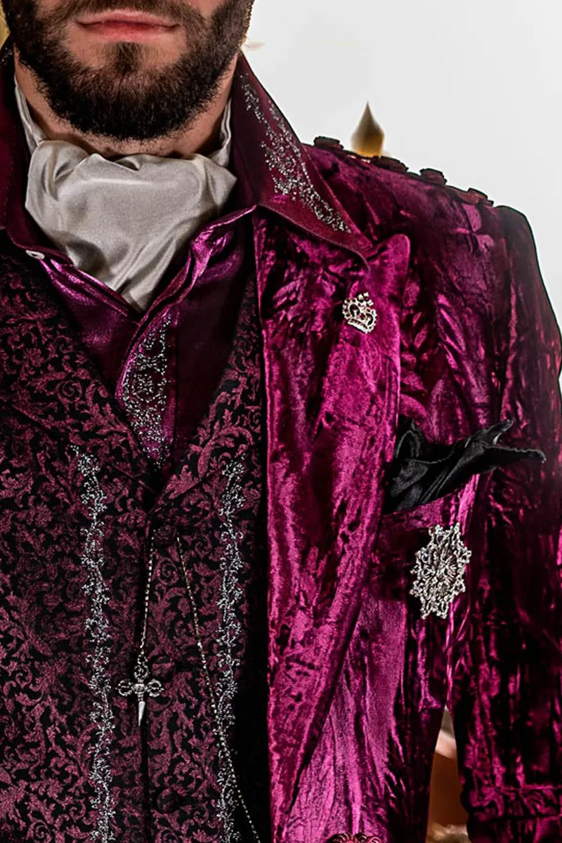 Abito uomo steampunk viola | Giacca velluto stropicciato e pantalone damascato 3