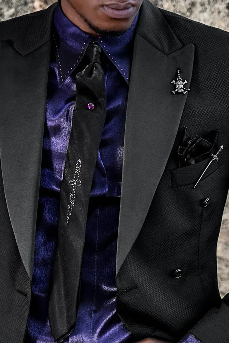 Abito gotico doppiopetto da cerimonia jacquard nero con rever in raso 2