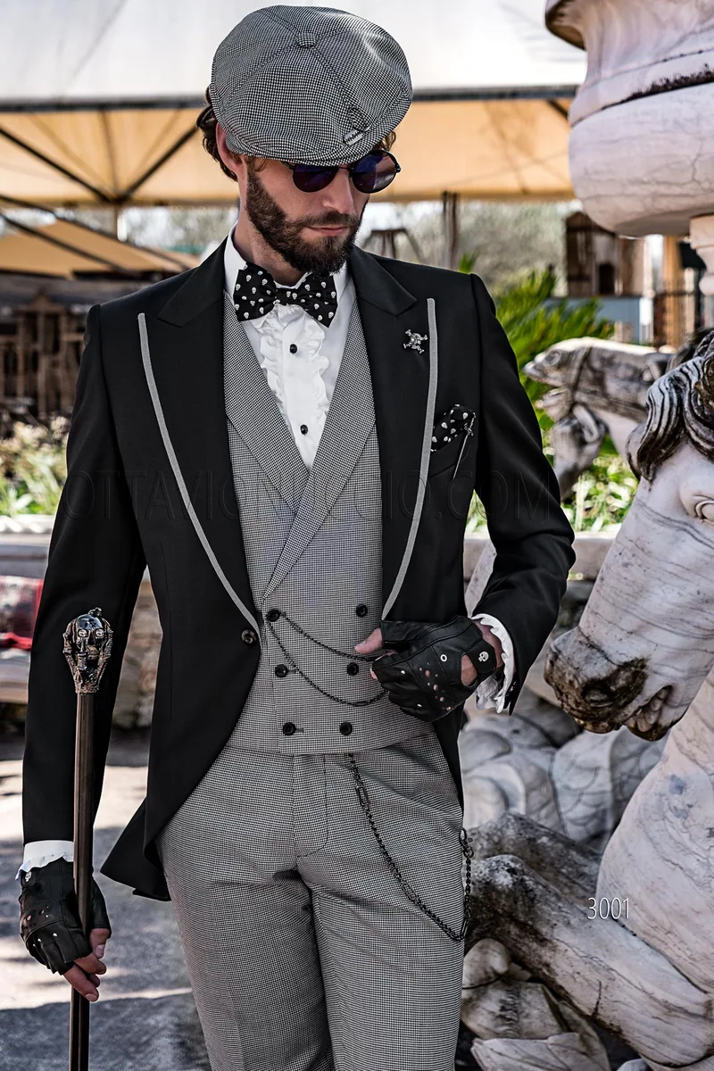 Giacca in stile steampunk nera con pantalone e gilet in pied-de-poule 1