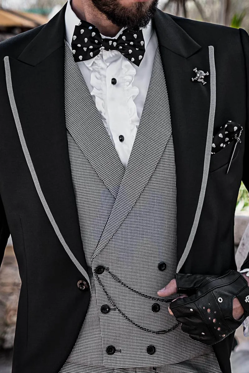 Giacca in stile steampunk nera con pantalone e gilet in pied-de-poule 2