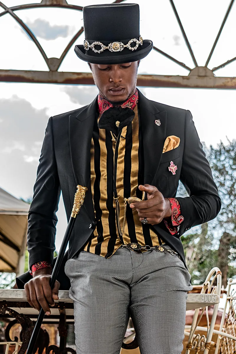 Abito uomo stile steampunk in misto lana nero, pantalone pied-de-poule – pa