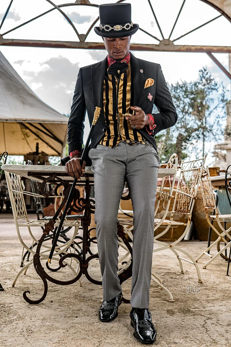 Abito uomo stile steampunk in misto lana nero, pantalone pied-de-poule – fi