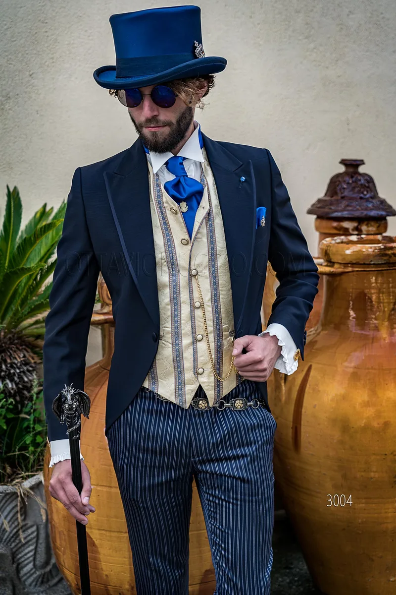 Demi-tight in misto lana blu stile steampunk con pantalone a righe 1