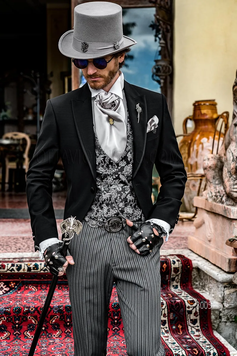 Demi-tight stile steampunk gotico misto lana nero con pantalone a righe 1