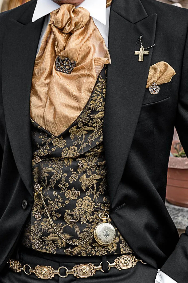 Tight in pura lana satin nero e gilet in seta nero-oro in stile steampunk 2