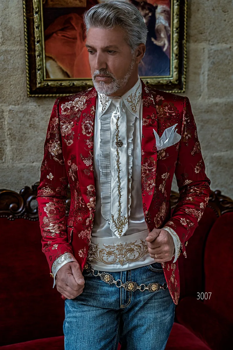 Giacca cerimonia uomo smoking in jacquard rosso con disegni floreali 1