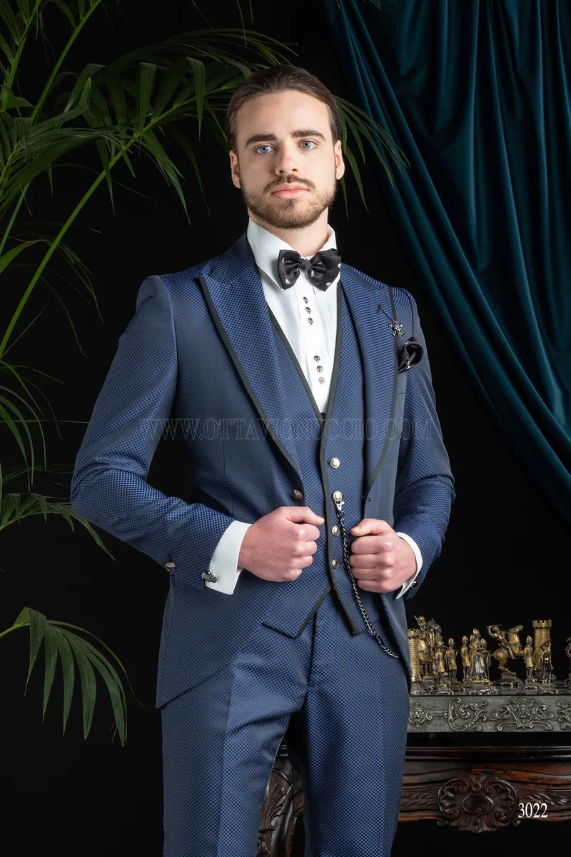 Abito moda uomo cerimonia blu con bordino nero 1