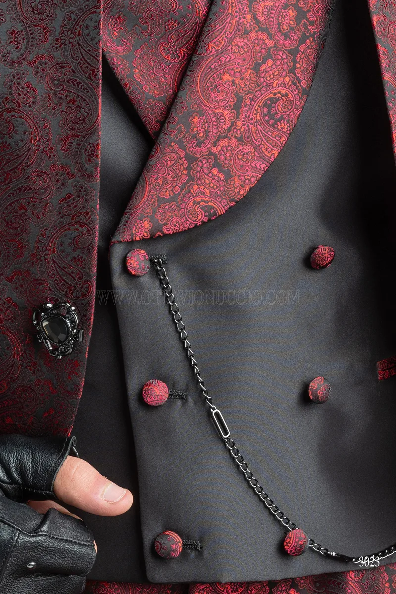 Abito sposo damascato rosso con collo coreano 5
