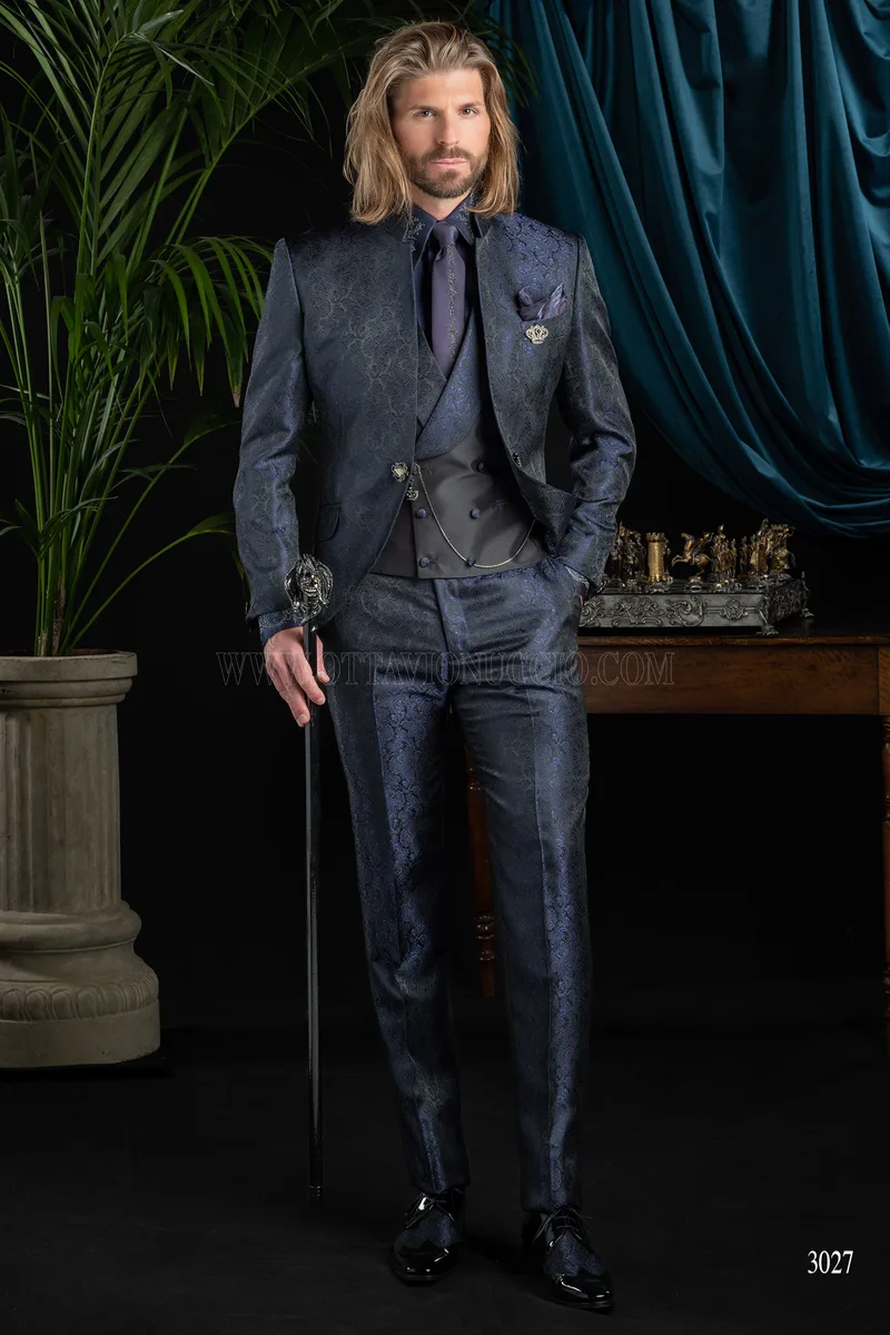 Abito sposo damascato blu con collo coreano 2