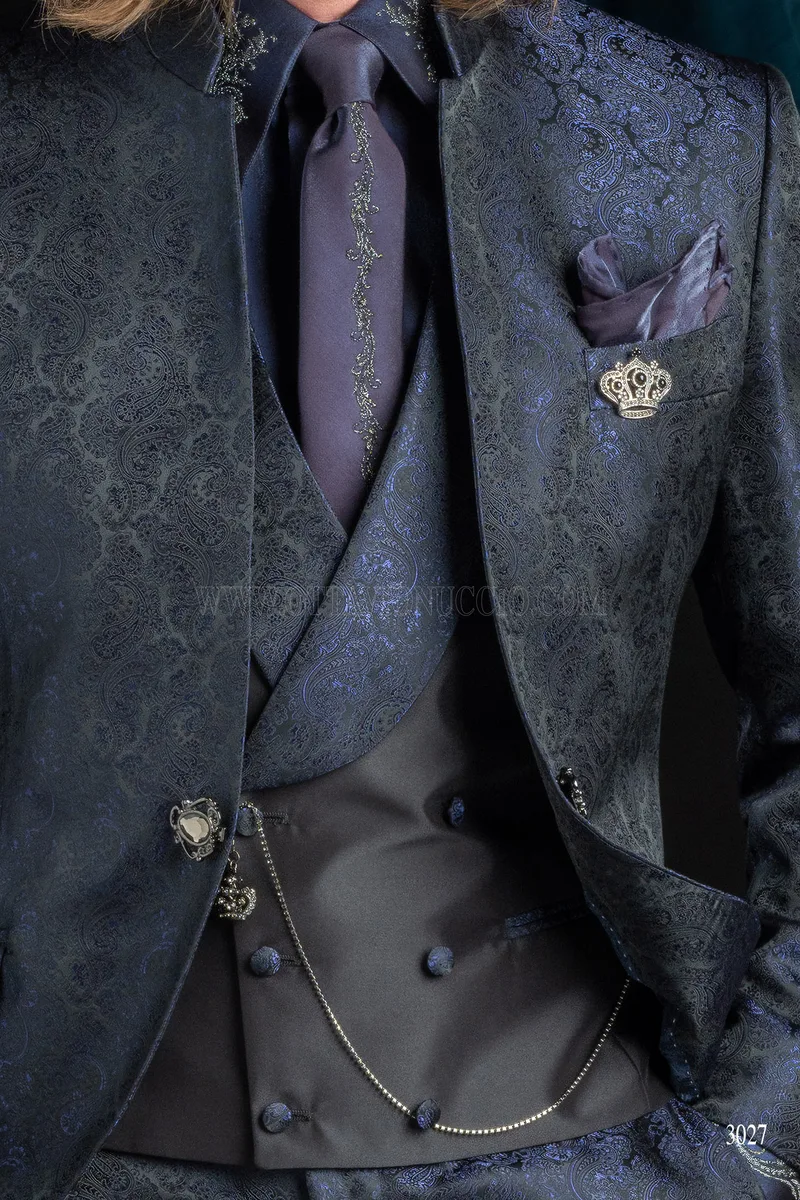 Abito sposo damascato blu con collo coreano 3