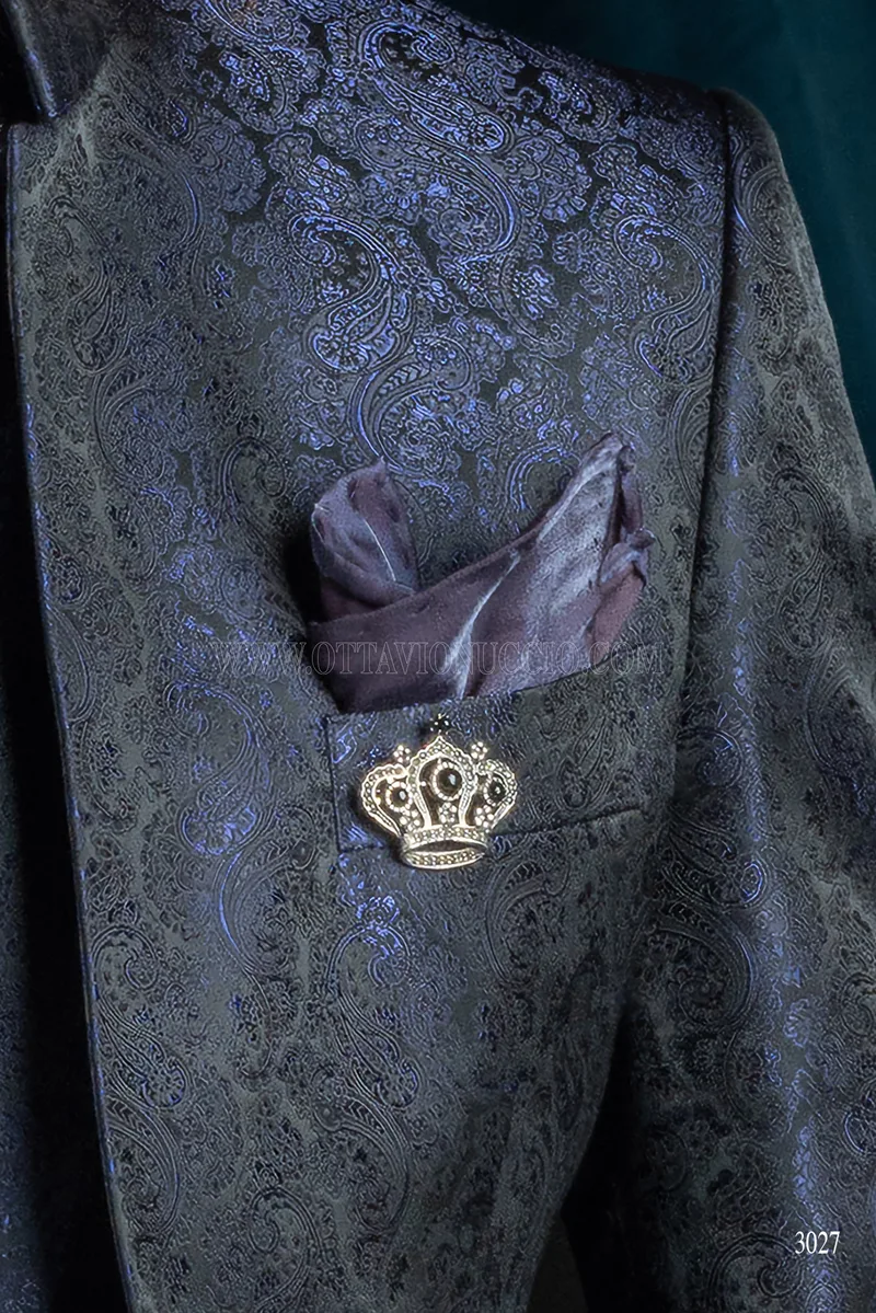 Abito sposo damascato blu con collo coreano 4