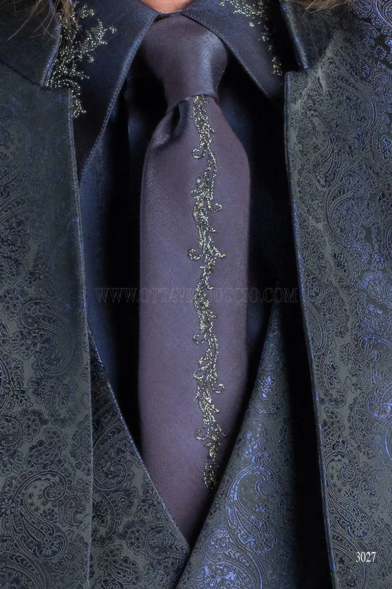 Abito sposo damascato blu con collo coreano 5