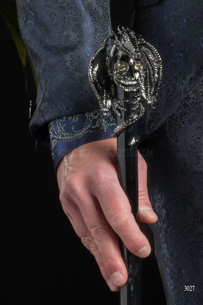 Abito sposo damascato blu con collo coreano 6