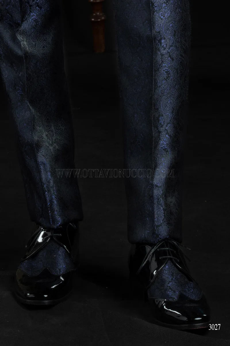 Abito sposo damascato blu con collo coreano 7