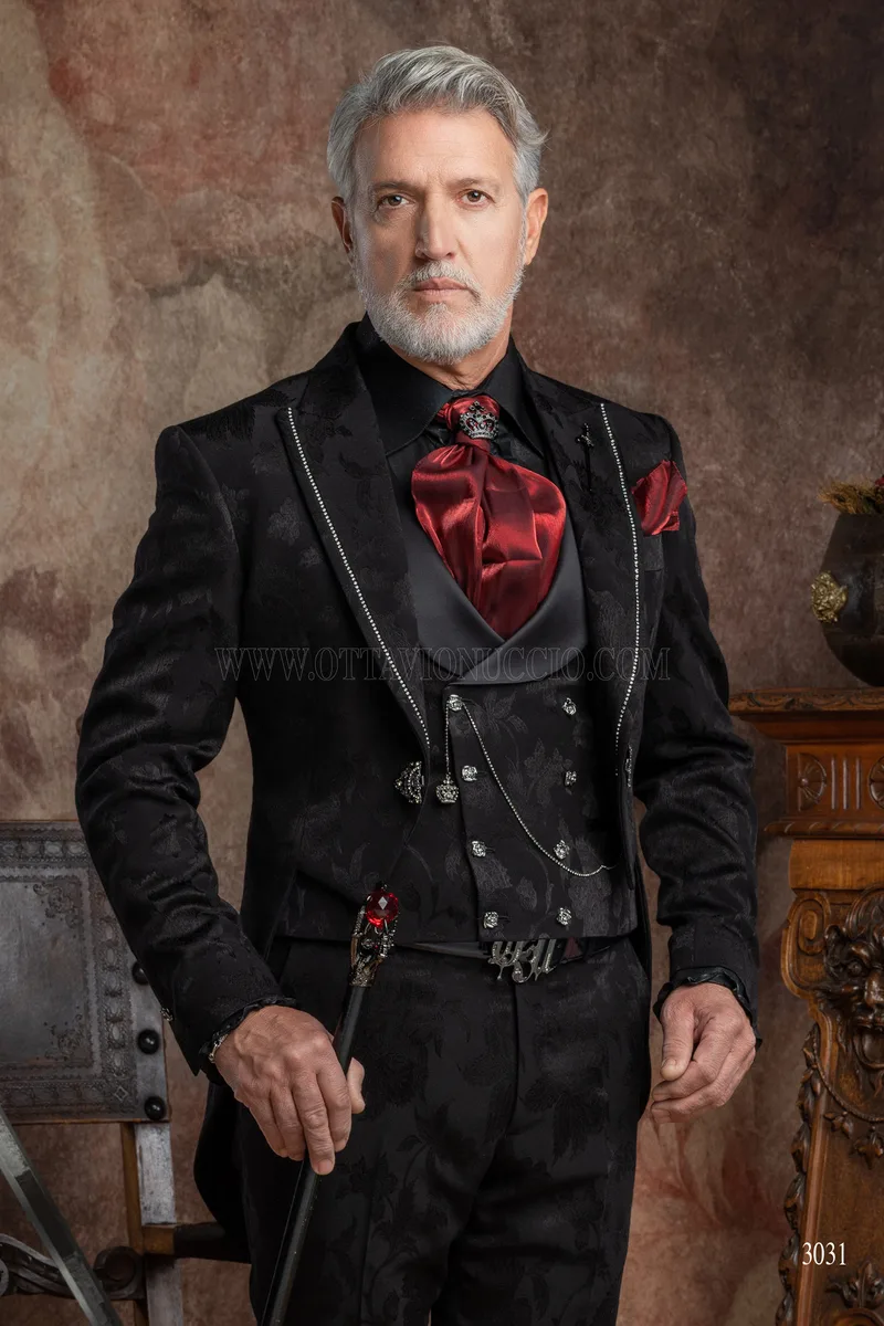 Frac gotico uomo di lusso in jacquard nero con strass sul rever 1