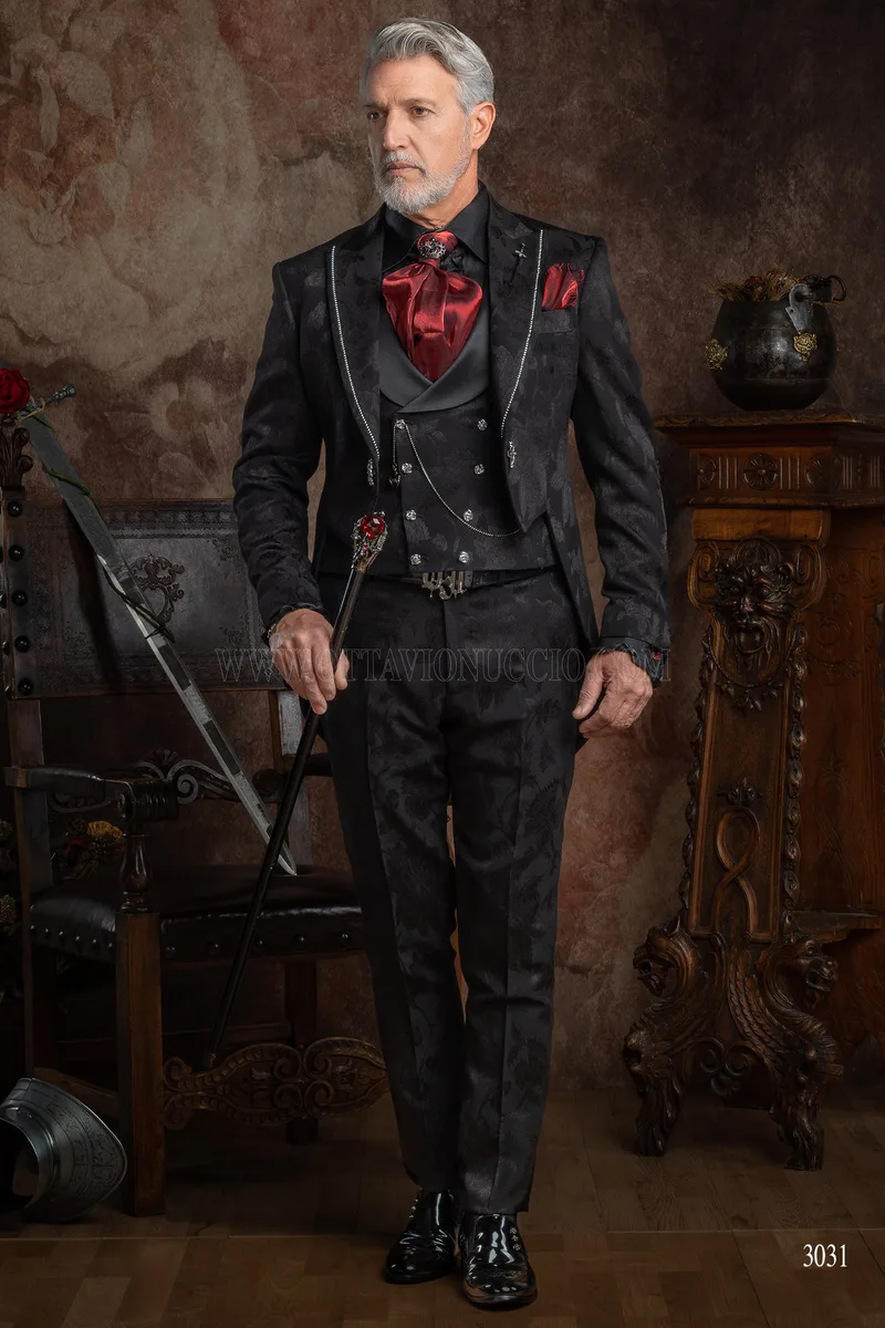Frac gotico uomo di lusso in jacquard nero con strass sul rever 2