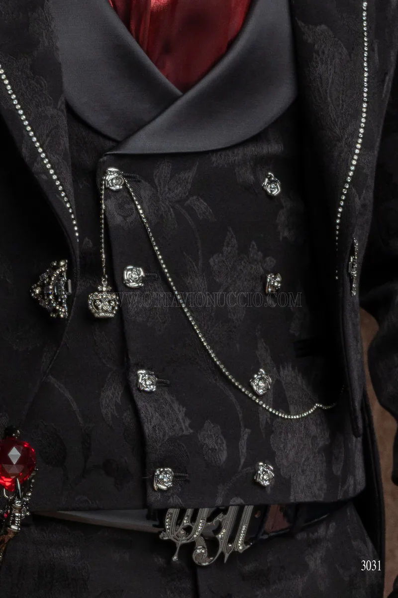 Frac gotico uomo di lusso in jacquard nero con strass sul rever 3