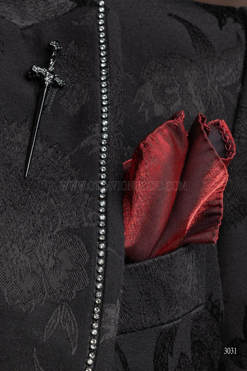 Frac gotico uomo di lusso in jacquard nero con strass sul rever 6