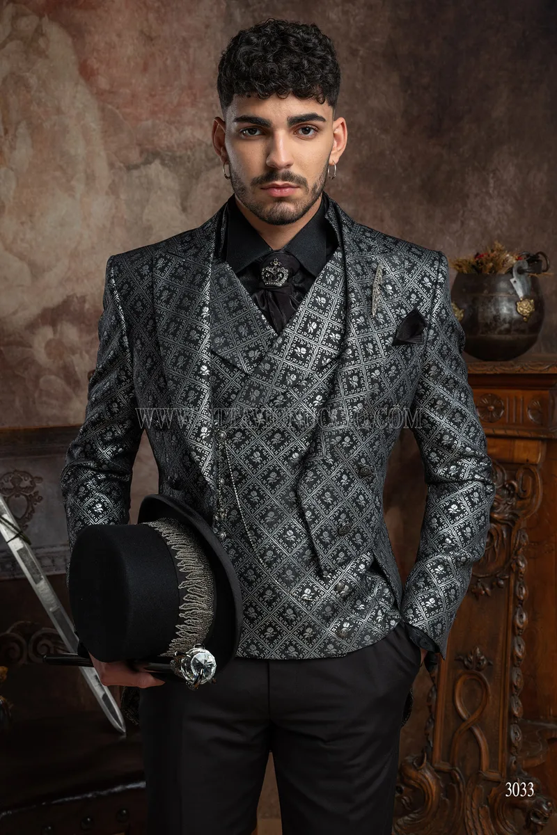 Frac uomo stile gotico di lusso damascato nero argento 1