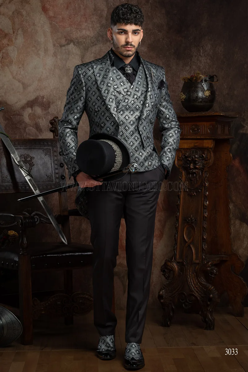 Frac uomo stile gotico di lusso damascato nero argento 2