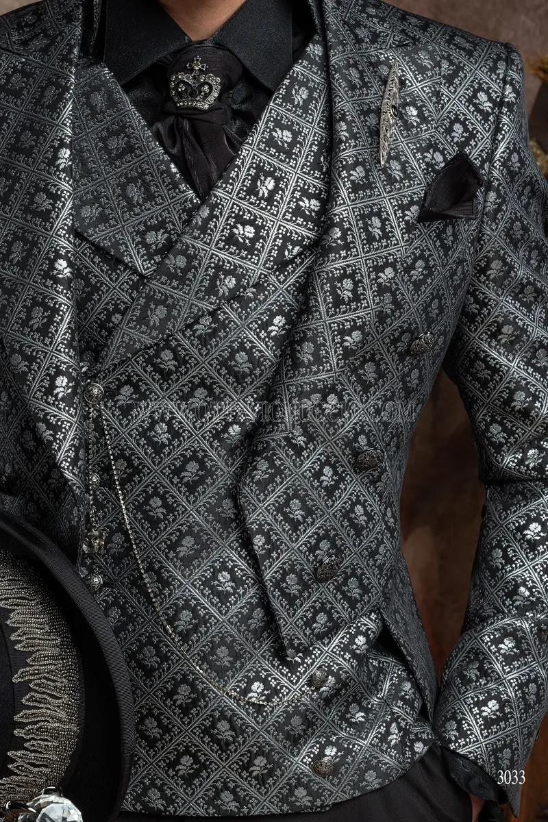 Frac uomo stile gotico di lusso damascato nero argento 3