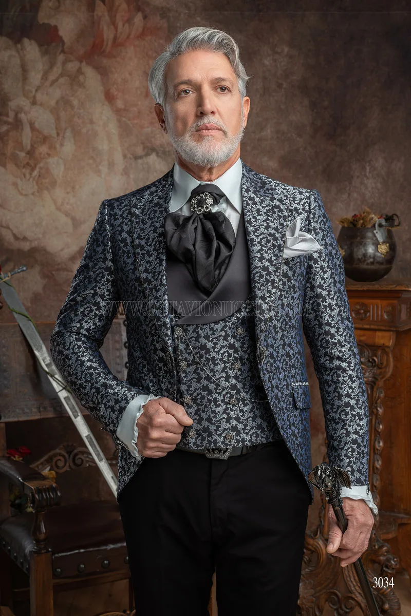 Abito sposo damascato nero argento con strass sul rever 1