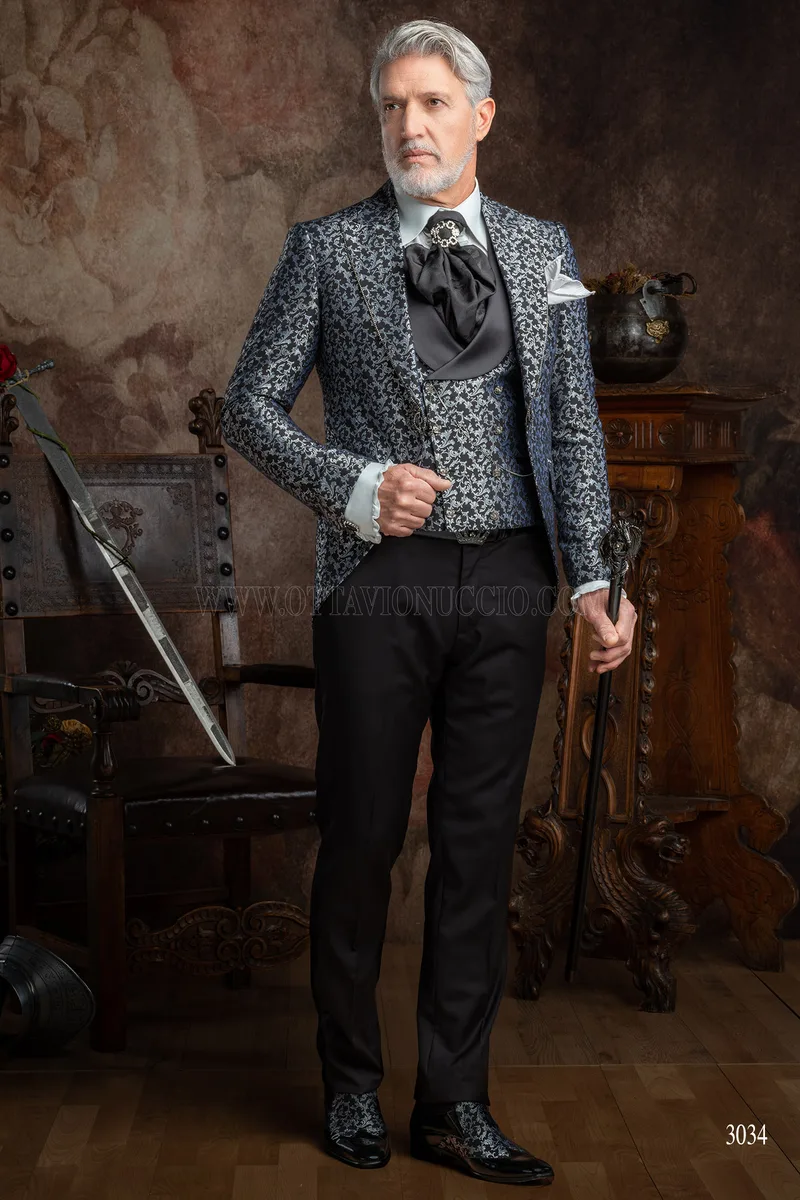 Abito sposo damascato nero argento con strass sul rever 2
