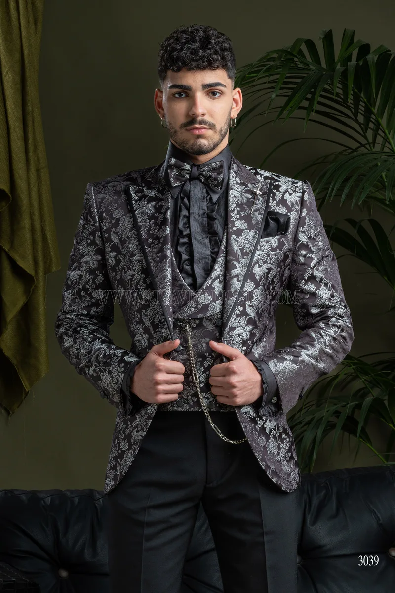 Giacca blazer da uomo in pura seta jacquard nero argento 1