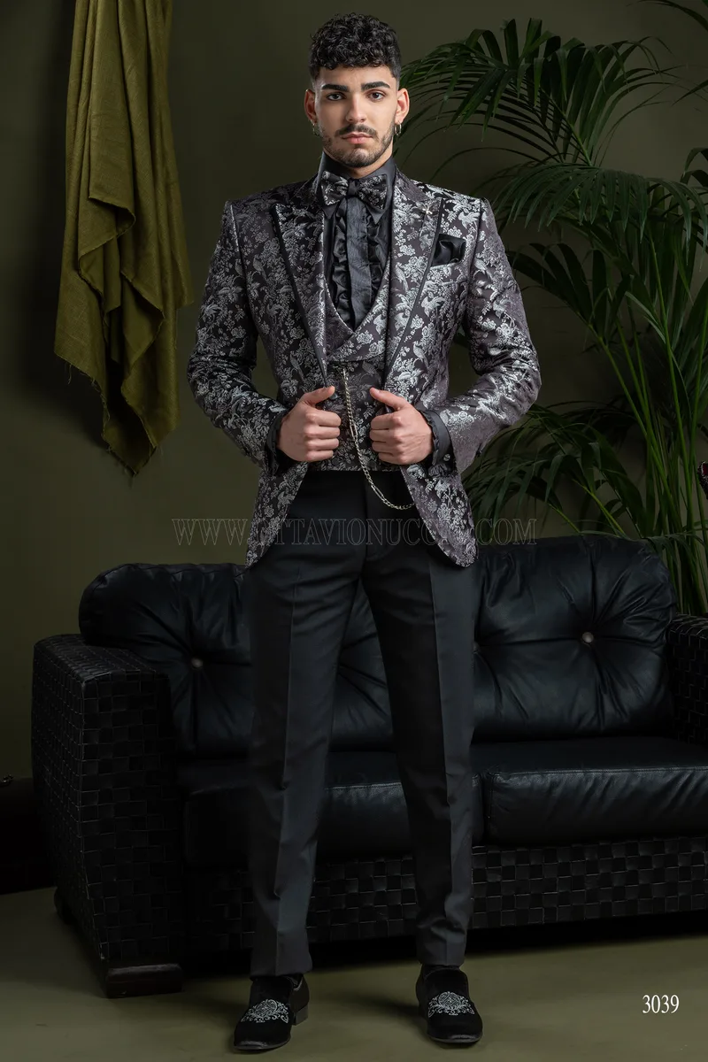 Giacca blazer da uomo in pura seta jacquard nero argento 2