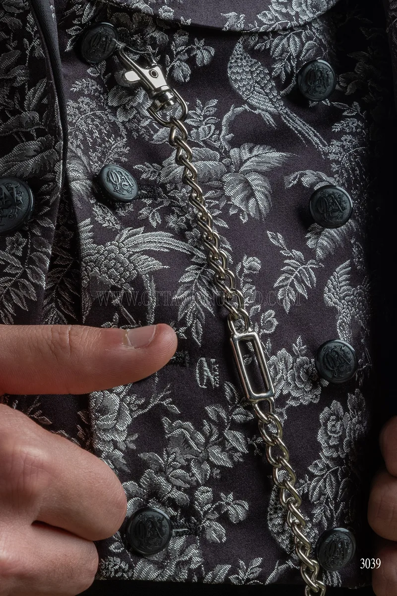 Giacca blazer da uomo in pura seta jacquard nero argento 3