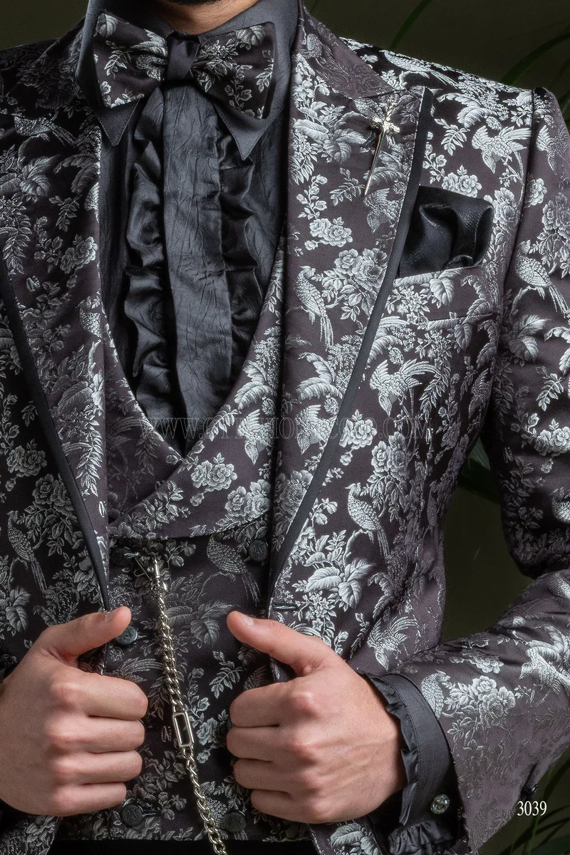Giacca blazer da uomo in pura seta jacquard nero argento 4